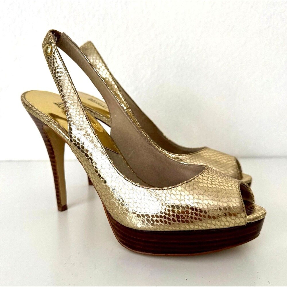 Michael Kors Gold Leather Heels 7.5 Reptile Embossed Peep Toe Slingback Platform